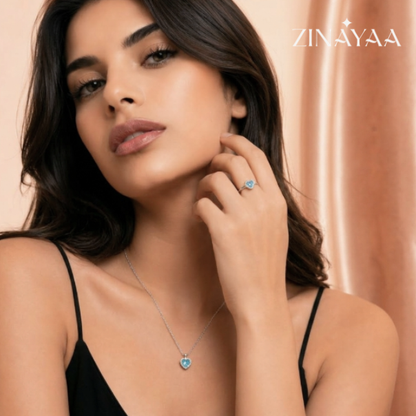 925 Sterling Silver Blue Heart Halo Jewellery Set – Pendant Necklace & Adjustable Ring
