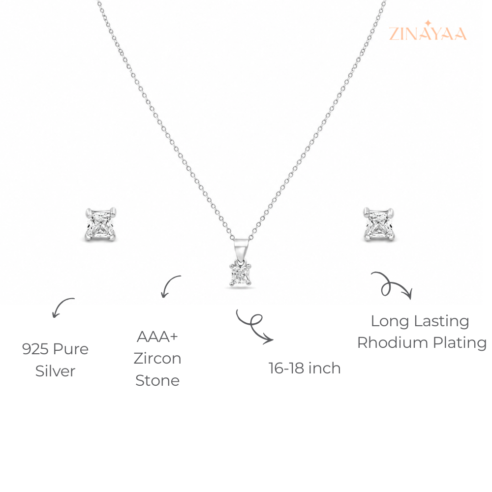 925 Sterling Silver Princess Cut Pendant & Stud Earrings Set