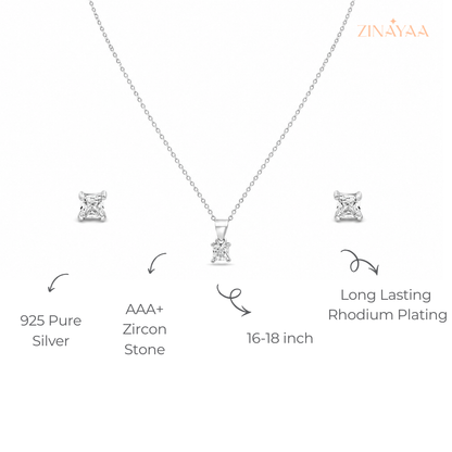 925 Sterling Silver Princess Cut Pendant & Stud Earrings Set