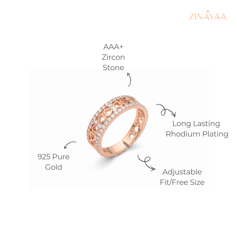 925 Sterling Silver Rose Gold Heart Band Adjustable Ring