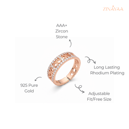 925 Sterling Silver Rose Gold Heart Band Adjustable Ring