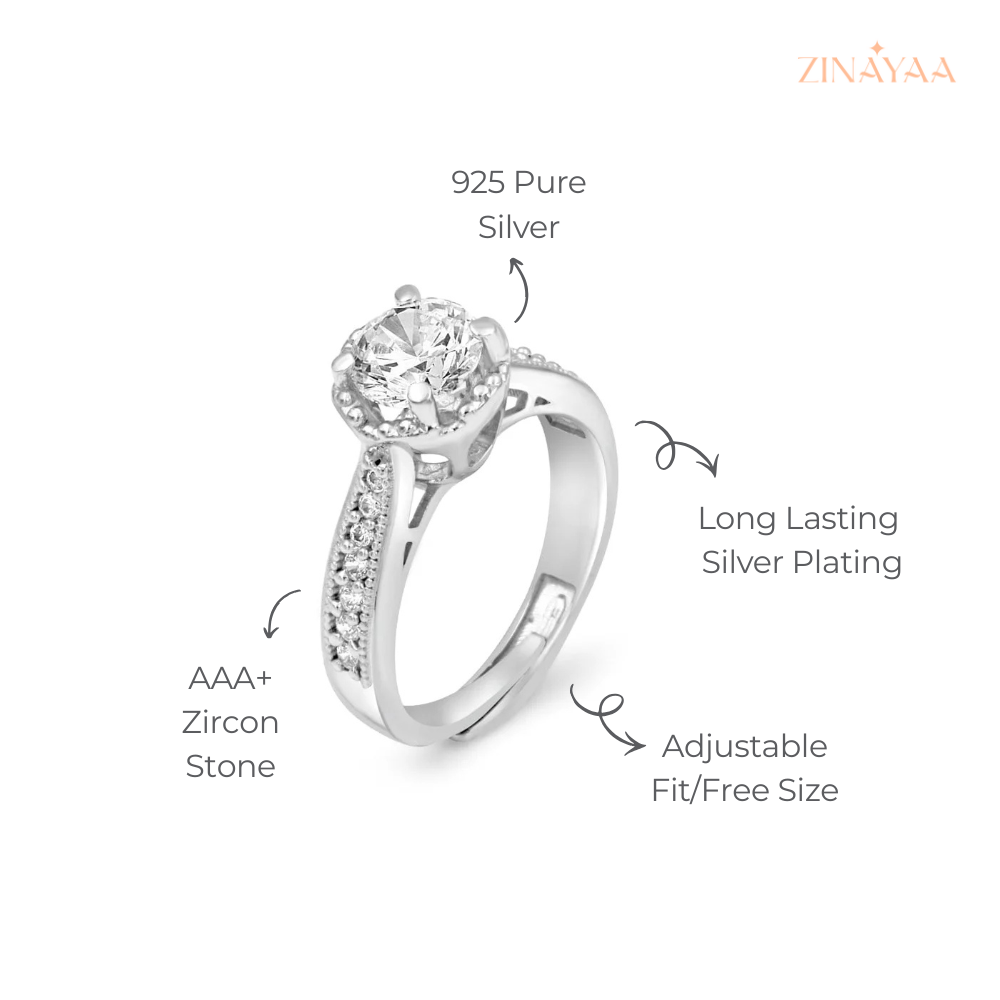 Zinayaa 925 Sterling Silver Crown Solitaire Adjustable Ring
