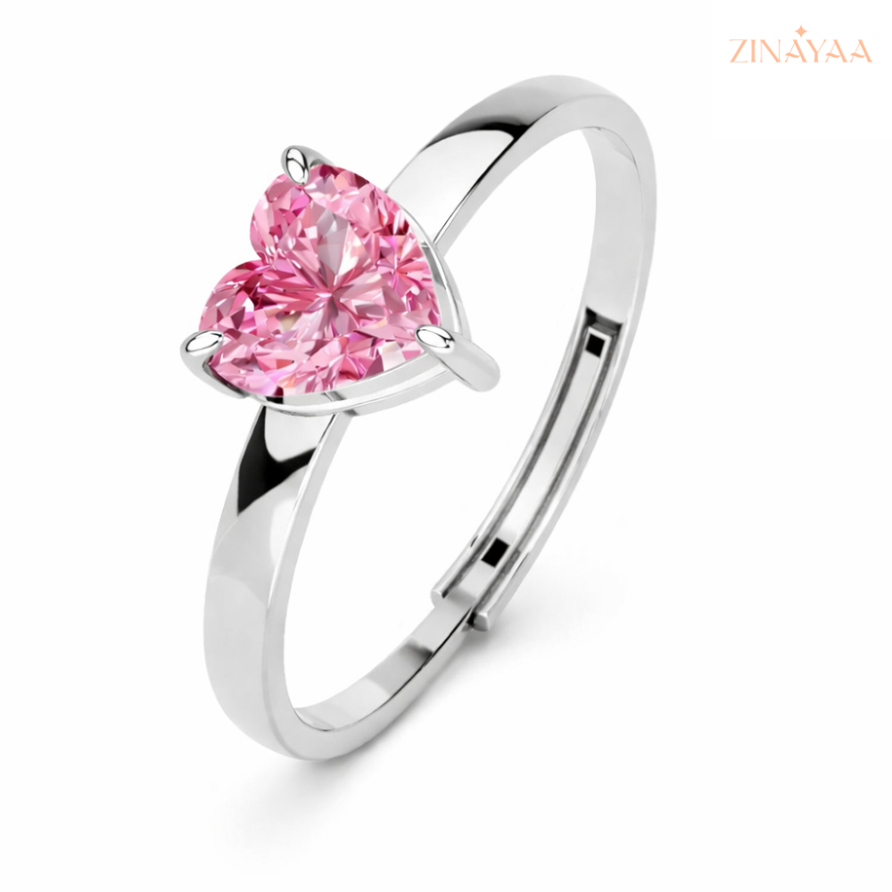 92.5 Sterling Silver Blush Heart Solitaire Adjustable Ring