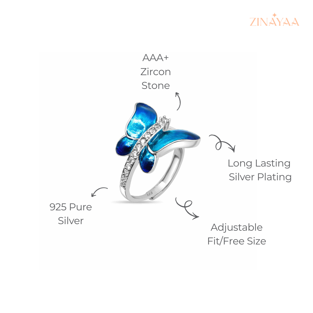 925 Sterling Silver Blue Butterfly Statement AdjustableRing