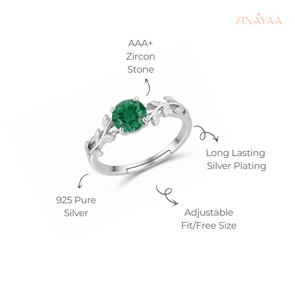 925 Sterling Silver Emerald Leaf Adjustable Ring