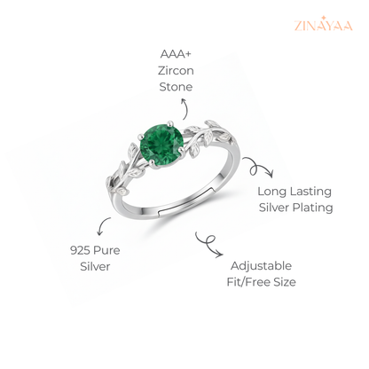 925 Sterling Silver Emerald Leaf Adjustable Ring