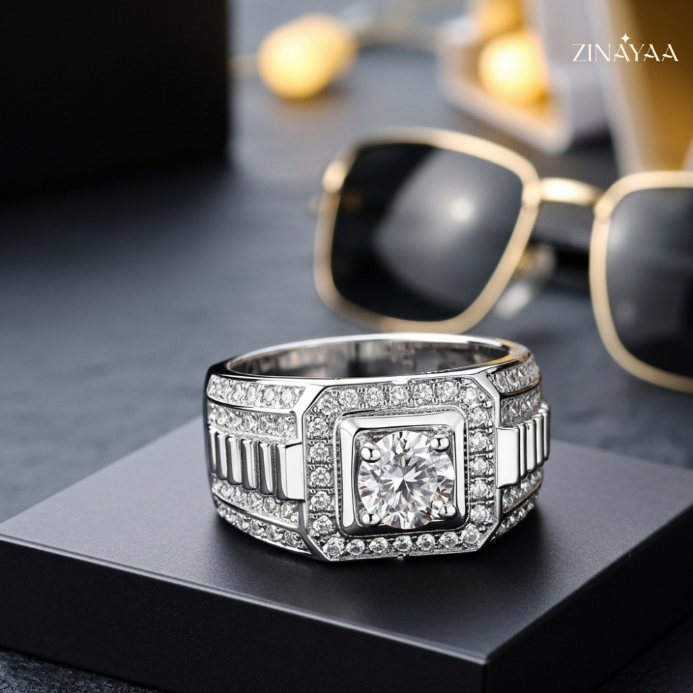 92.5 Sterling Silve Mens Regal Square Halo Adjustable Ring