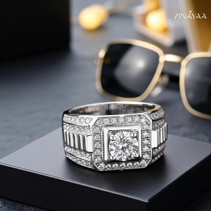 92.5 Sterling Silve Mens Regal Square Halo Adjustable Ring