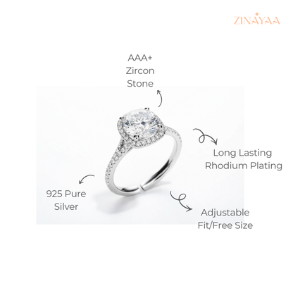 925 Sterling Silver Halo Solitaire Adjustable Ring