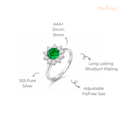 925 Sterling Silver Green Floral Halo Adjustable Ring