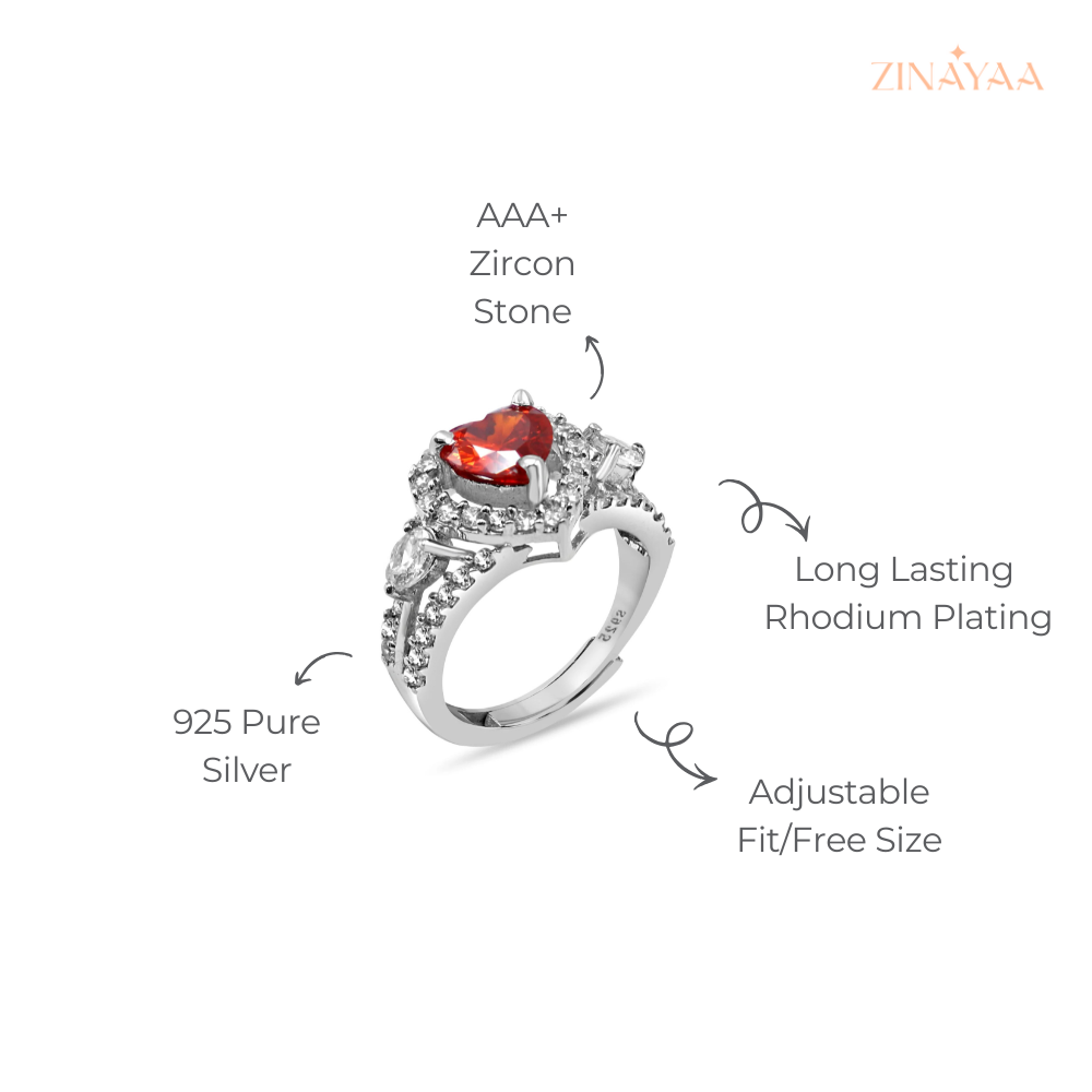 925 Sterling Silver Red Heart Halo Adjustable Ring