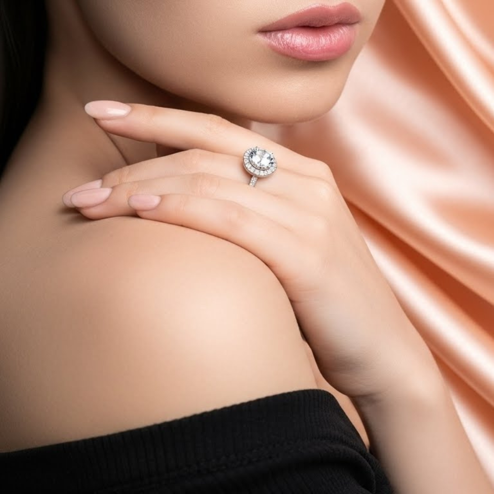 92.5 Sterling Silver Halo Solitaire Ring For women