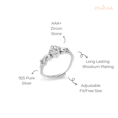 925 Sterling Silver  Heart Accent Solitaire Adjustable Ring