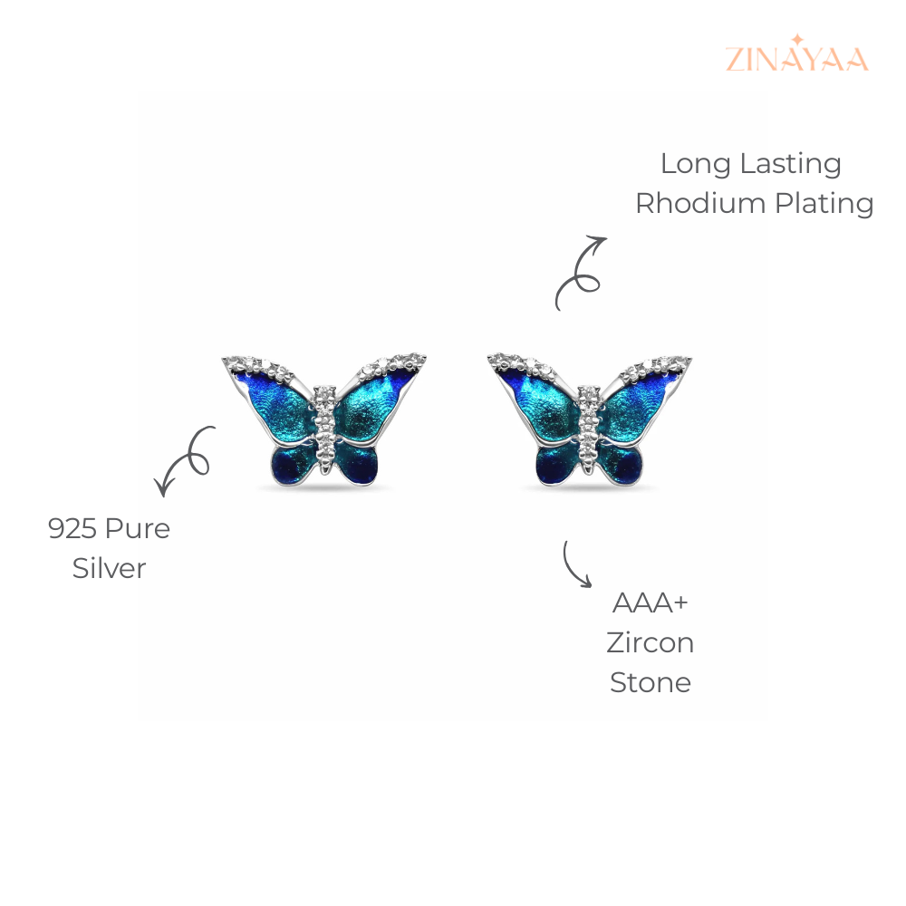 925 Sterling Silver Blue Butterfly Stud Earrings