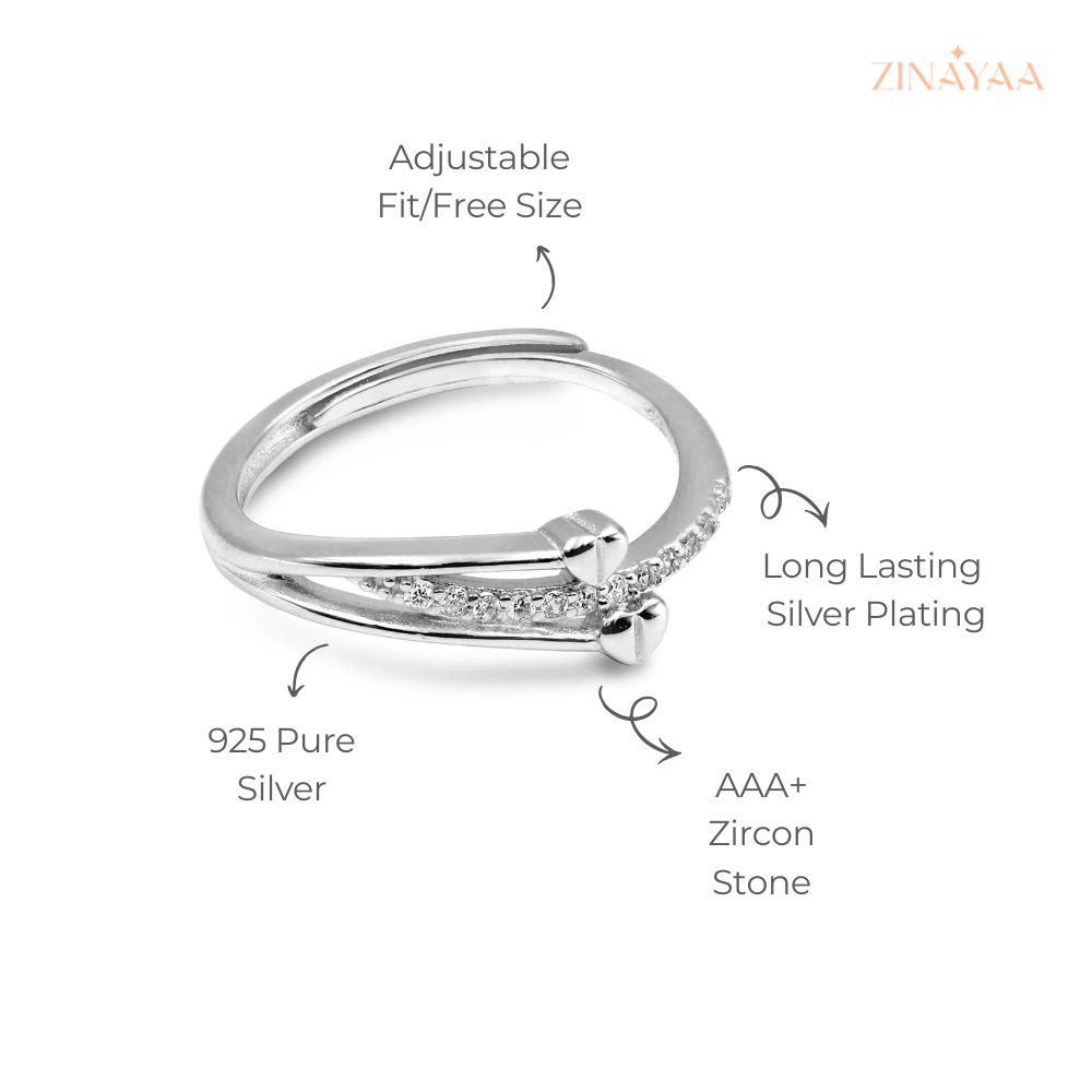 925 Sterling Silver Dual Heart Adjustable Ring