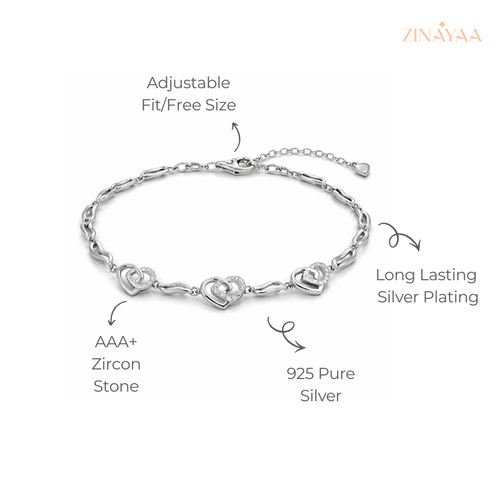 925 Sterling Silver Heart Link Adjustable Bracelet