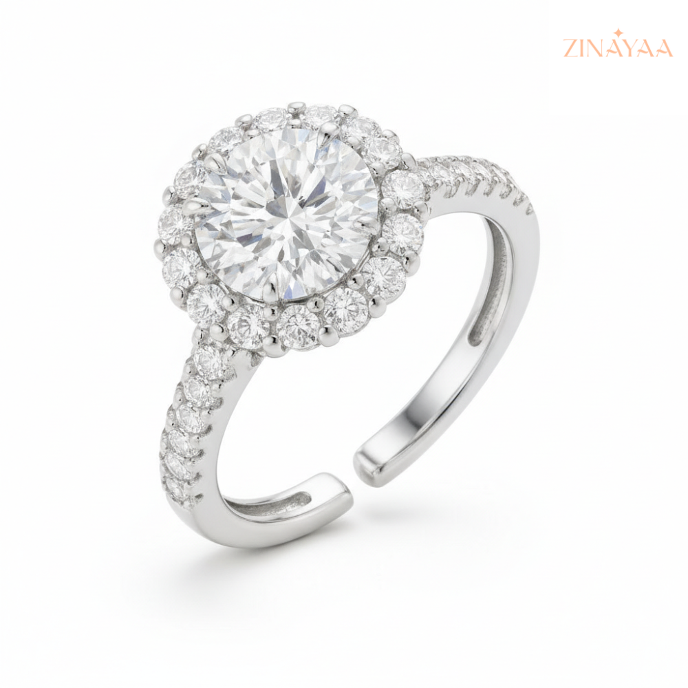 92.5 Sterling Silver Adjustable Round Halo Solitaire Ring