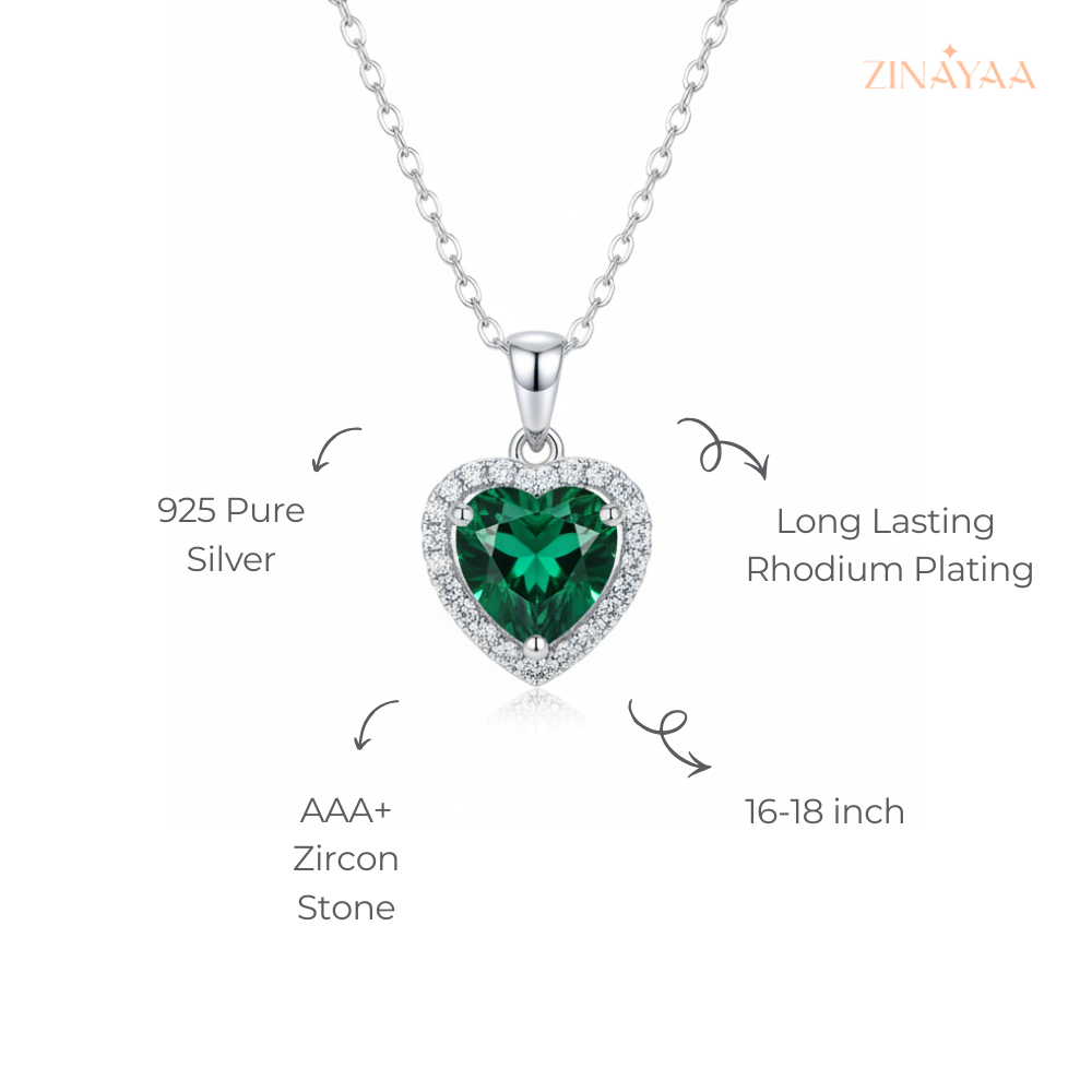 925 Sterling Silver Emerald Heart Halo Adjustable Pendant Necklace