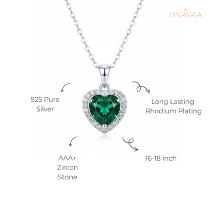 925 Sterling Silver Emerald Heart Halo Adjustable Pendant Necklace
