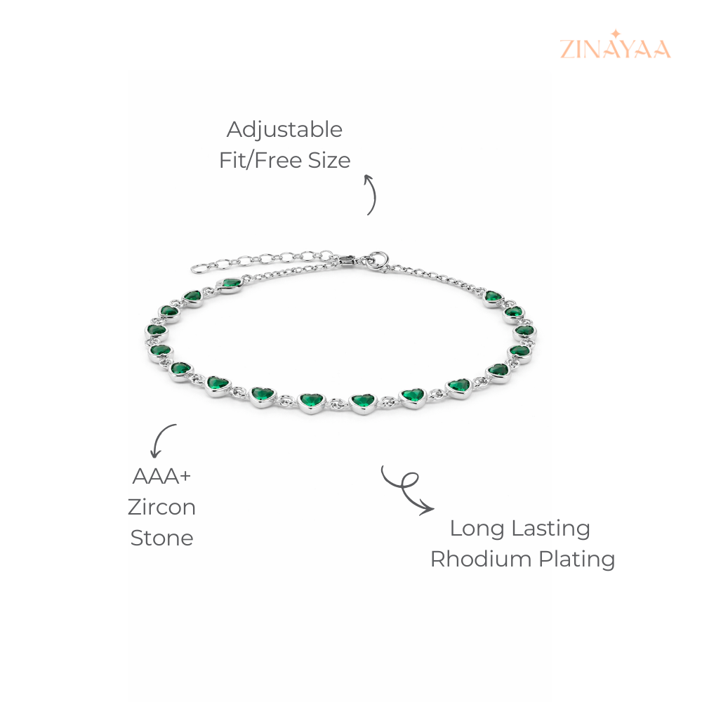 925 Sterling Silver Emerald Heart Bracelet