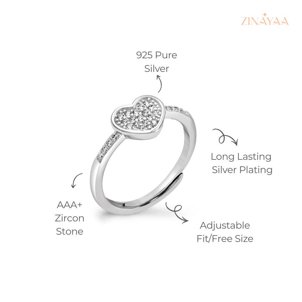 925 Sterling Silver Sparkling Heart Adjustable Ring