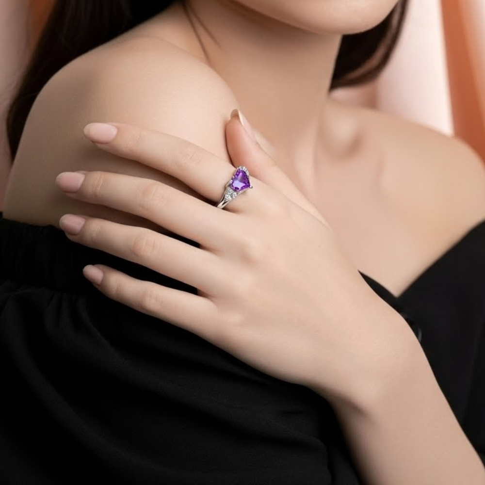 92.5 Sterling Silver Heart-Cut Purple Stone Ring for Women
