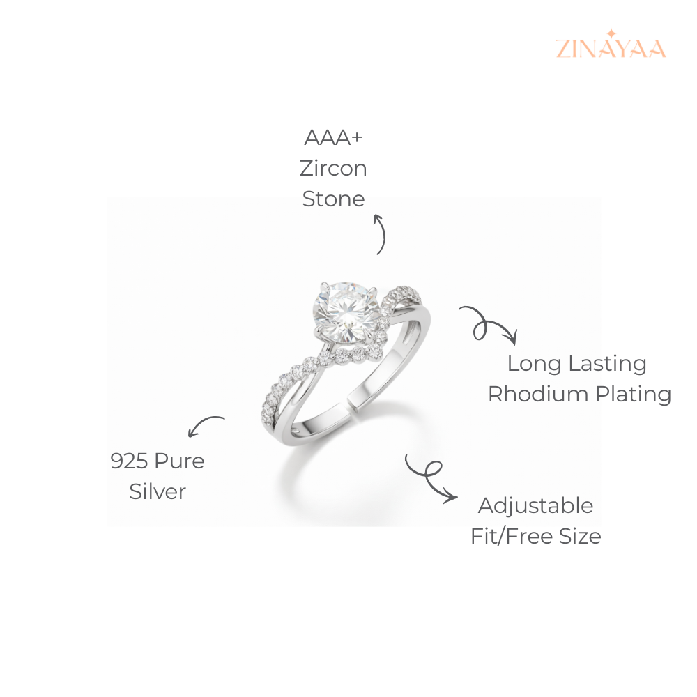 925 Sterling Silver Twisted Halo Solitaire Adjustable Ring