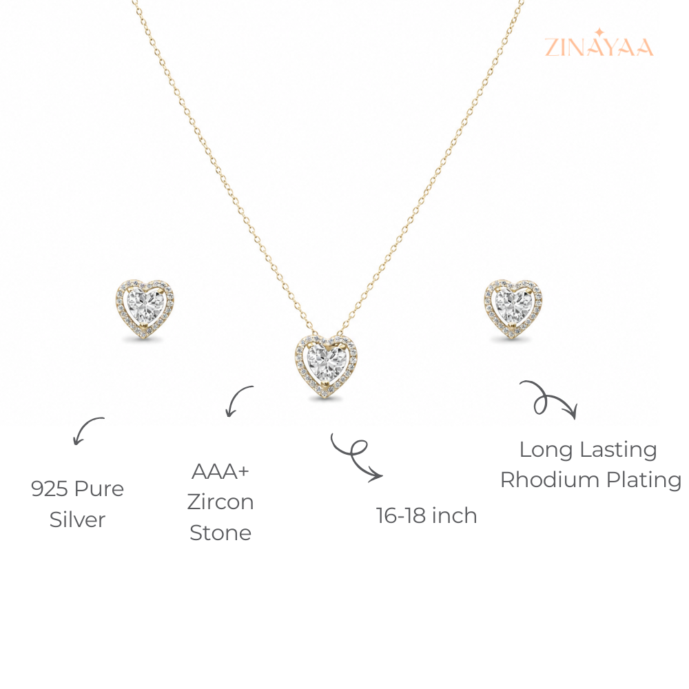 925 Sterling Silver Golden Heart Spark Necklace Set