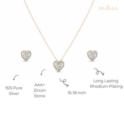 925 Sterling Silver Golden Heart Spark Necklace Set