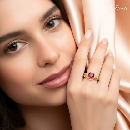 92.5 Sterling Silver Gold Heart-Cut Red Stone Ring For Women