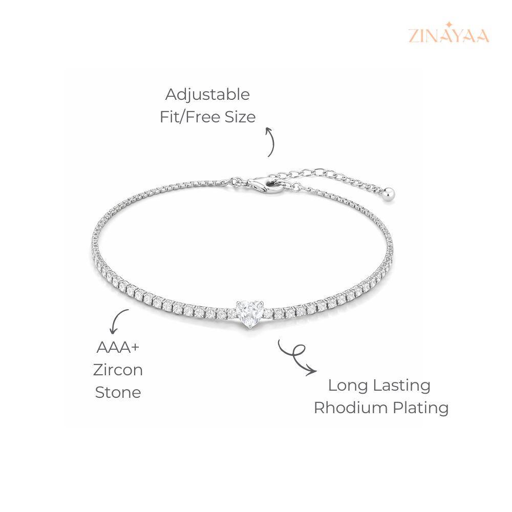 925 Sterling Silver Adjustable Heart Tennis Bracelet