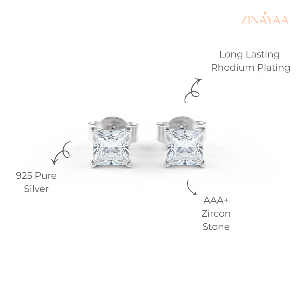 925 Sterling Silver Princess-Cut Solitaire Stud Earrings