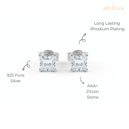 925 Sterling Silver Princess-Cut Solitaire Stud Earrings