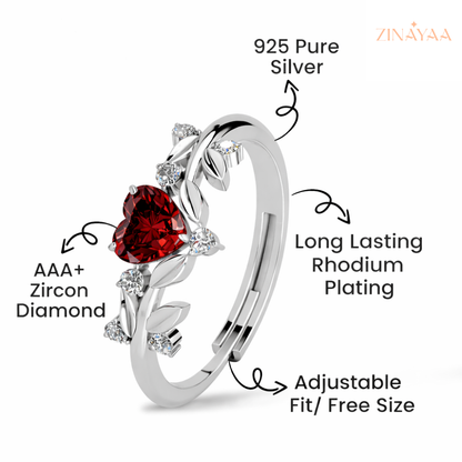92.5 Sterling Silver Crimson Blossom Heart Women’s Adjustable Ring