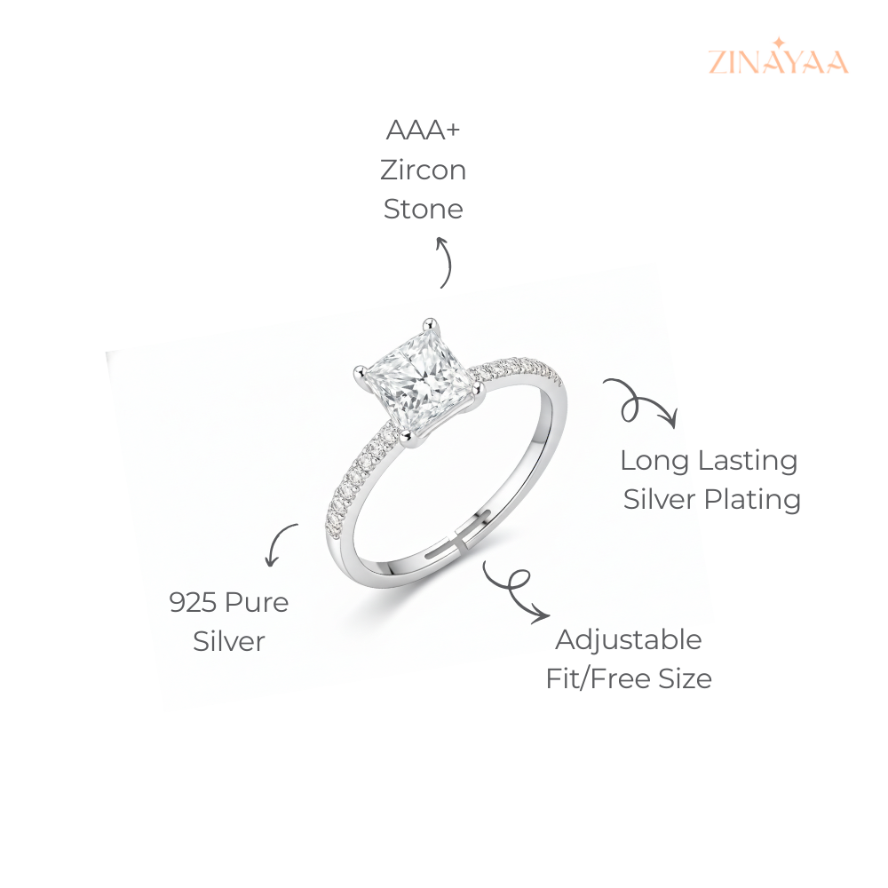 925 Sterling Silver Princess-Cut Sparkle Adjustable Ring