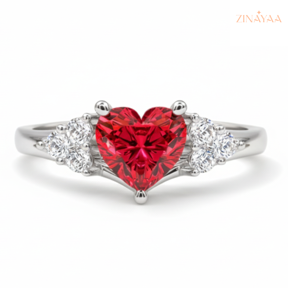 92.5 Sterling Silver Heart-Cut Red Stone Accent Ring for Women