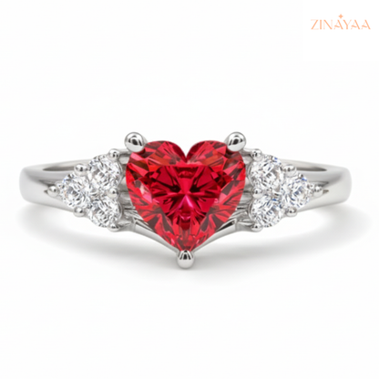 92.5 Sterling Silver Heart-Cut Red Stone Accent Ring for Women