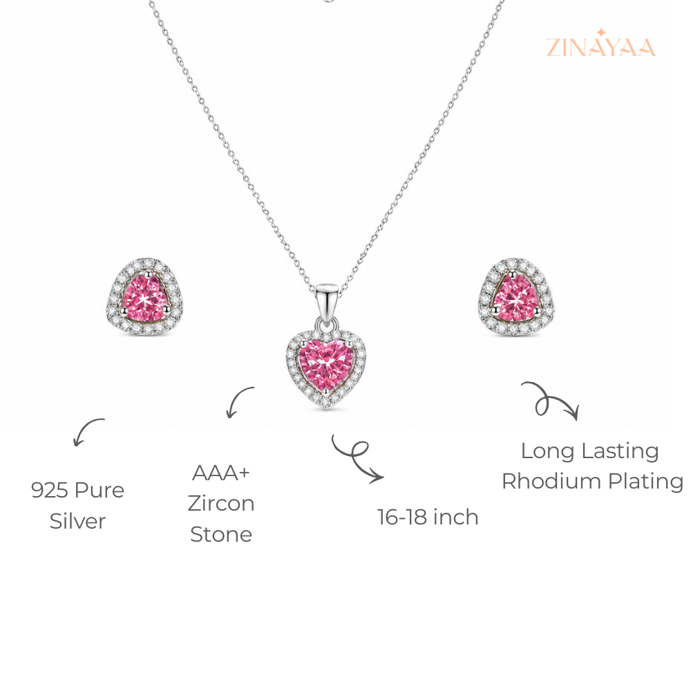 925 Sterling Silver Pink Heart Pendant Necklace & Earrings Set