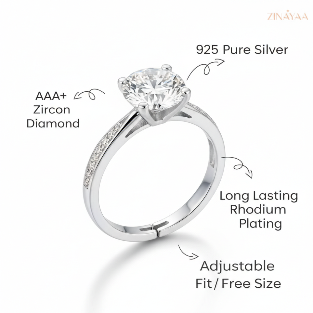 92.5 Sterling Silver Classic Aura Adjustable Solitaire Ring
