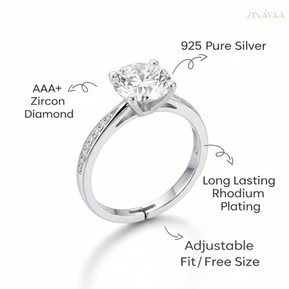 92.5 Sterling Silver Classic Aura Adjustable Solitaire Ring