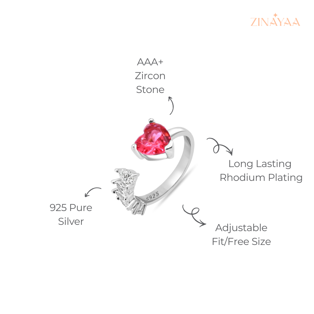 925 Sterling Silver Pink Heart Adjustable Ring