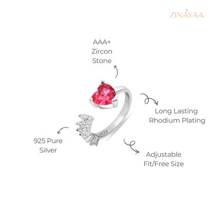 925 Sterling Silver Pink Heart Adjustable Ring