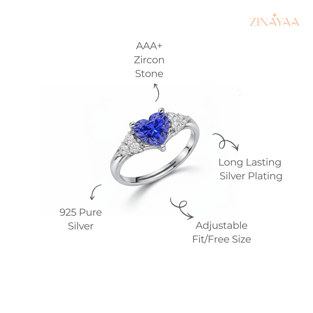 925 Sterling Silver Blue Heart Elegance Adjustable Ring