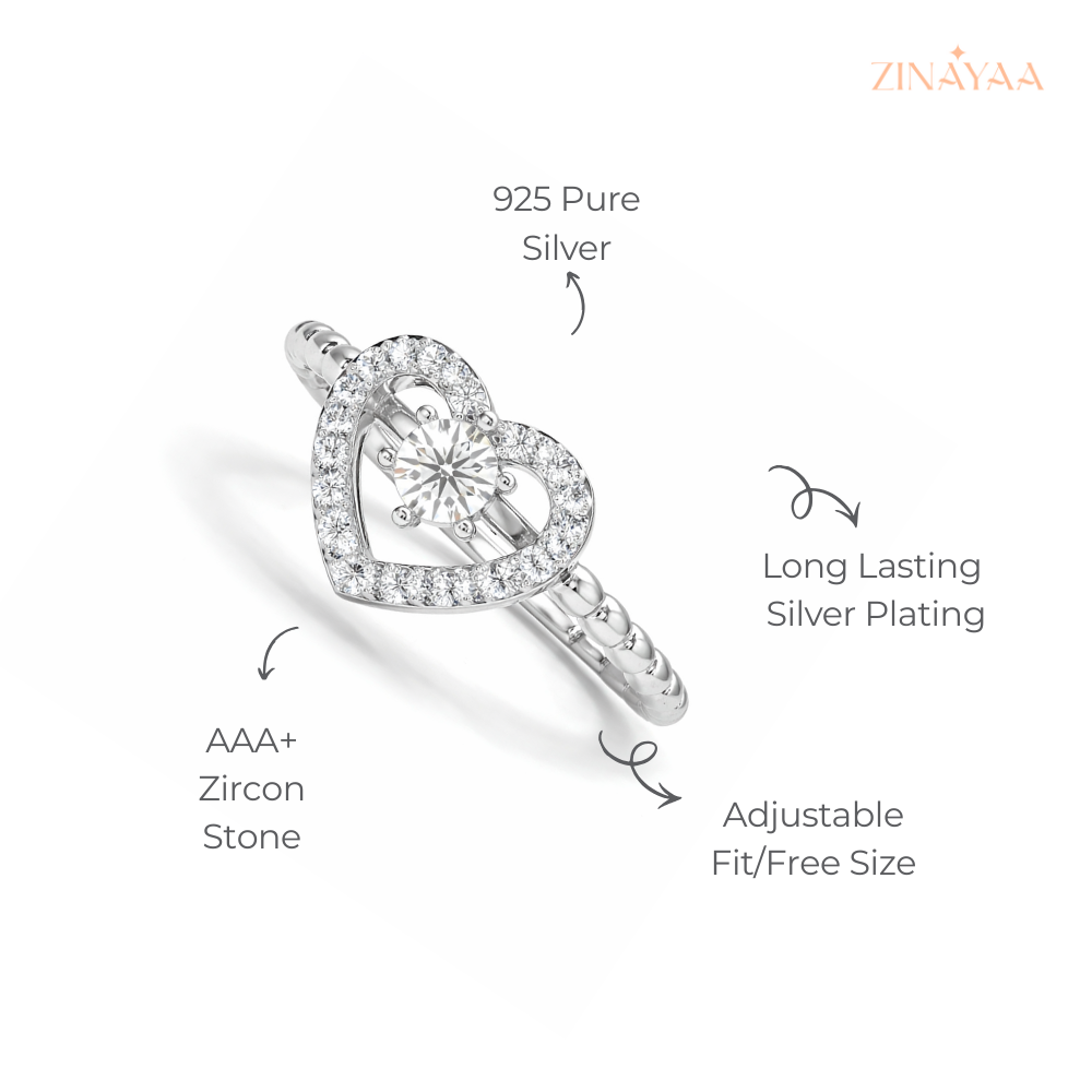 925 Sterling Silver Heart Halo Adjustable Ring