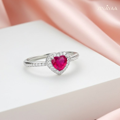 92.5 Sterling Silver Heart Halo Pink Stone Ring For Women