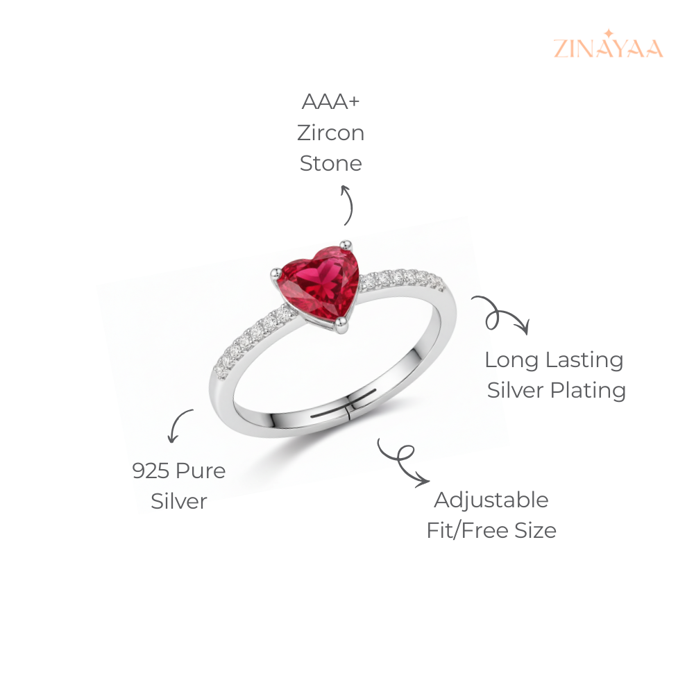 925 Sterling Silver Ruby Heart Adjustable Ring