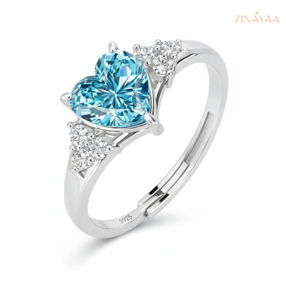 92.5 Sterling Silver Adjustable Blue Heart Three-Stone Ring