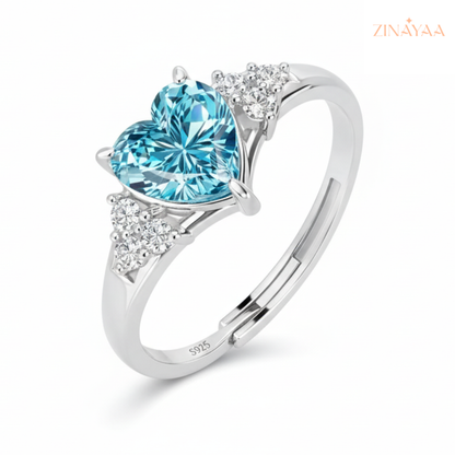 92.5 Sterling Silver Adjustable Blue Heart Three-Stone Ring