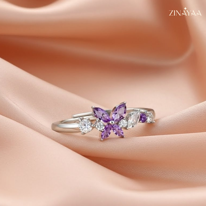 92.5 Sterling Silver Purple Floral Accent Ring For Women