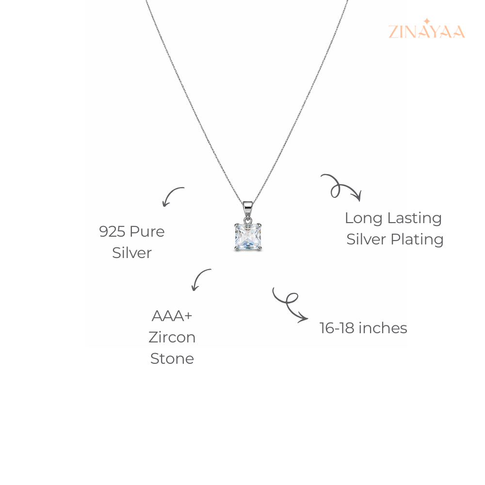 925 Sterling Silver Princess Solitaire Pendant Necklace
